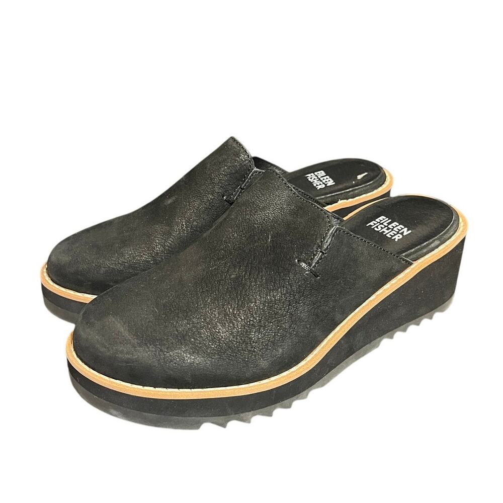 Eileen Fisher Loti Tumbled Nubuck Wedge Mule in Black Women's Size 5.5